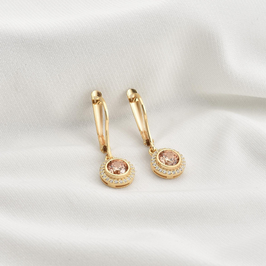 Citrine Round Bezel Dangle Earrings in 8K/10K/14K Solid Gold with Real Diamonds, November Birthstone Jewelry