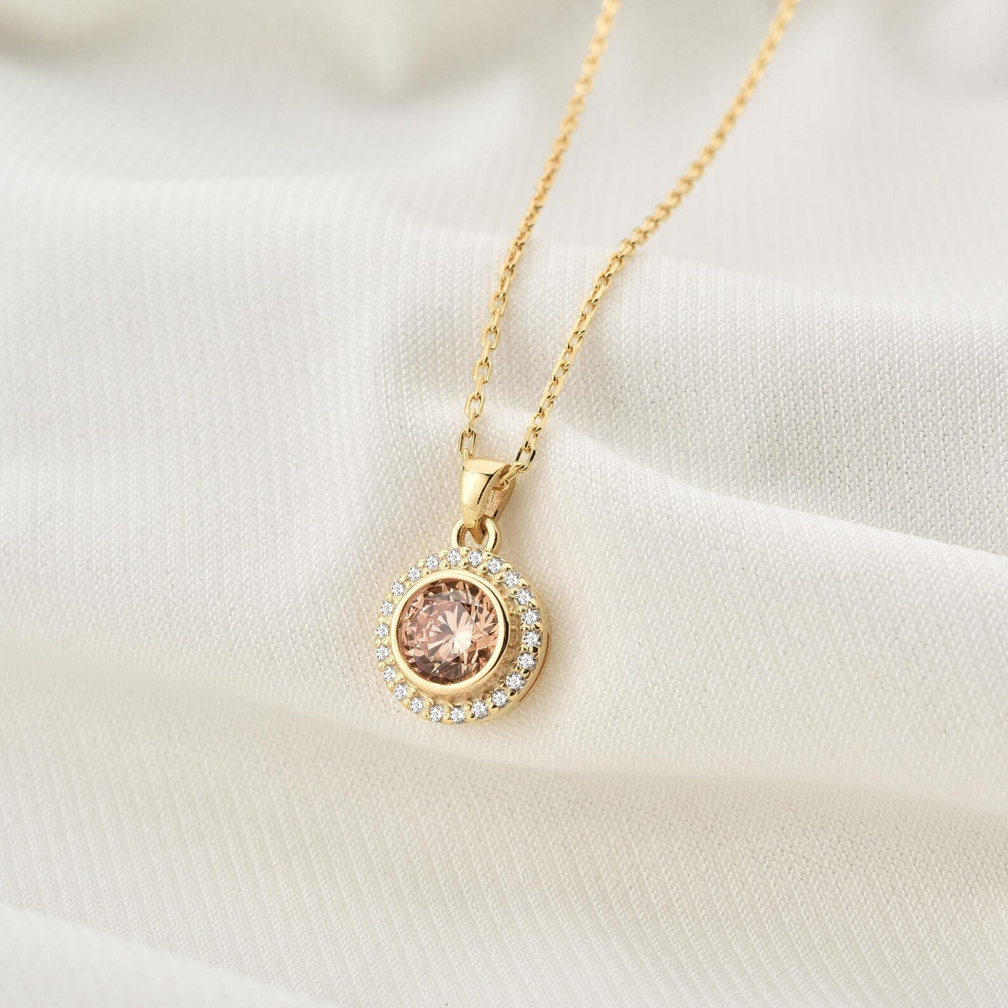 Citrine Round Bezel Necklace in 8K/10K/14K Solid Gold with Real Diamonds, November Birthstone Jewelry
