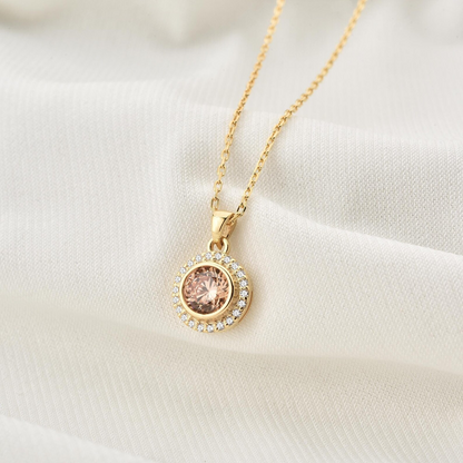 Citrine Round Bezel Necklace in 8K/10K/14K Solid Gold with Real Diamonds, November Birthstone Jewelry