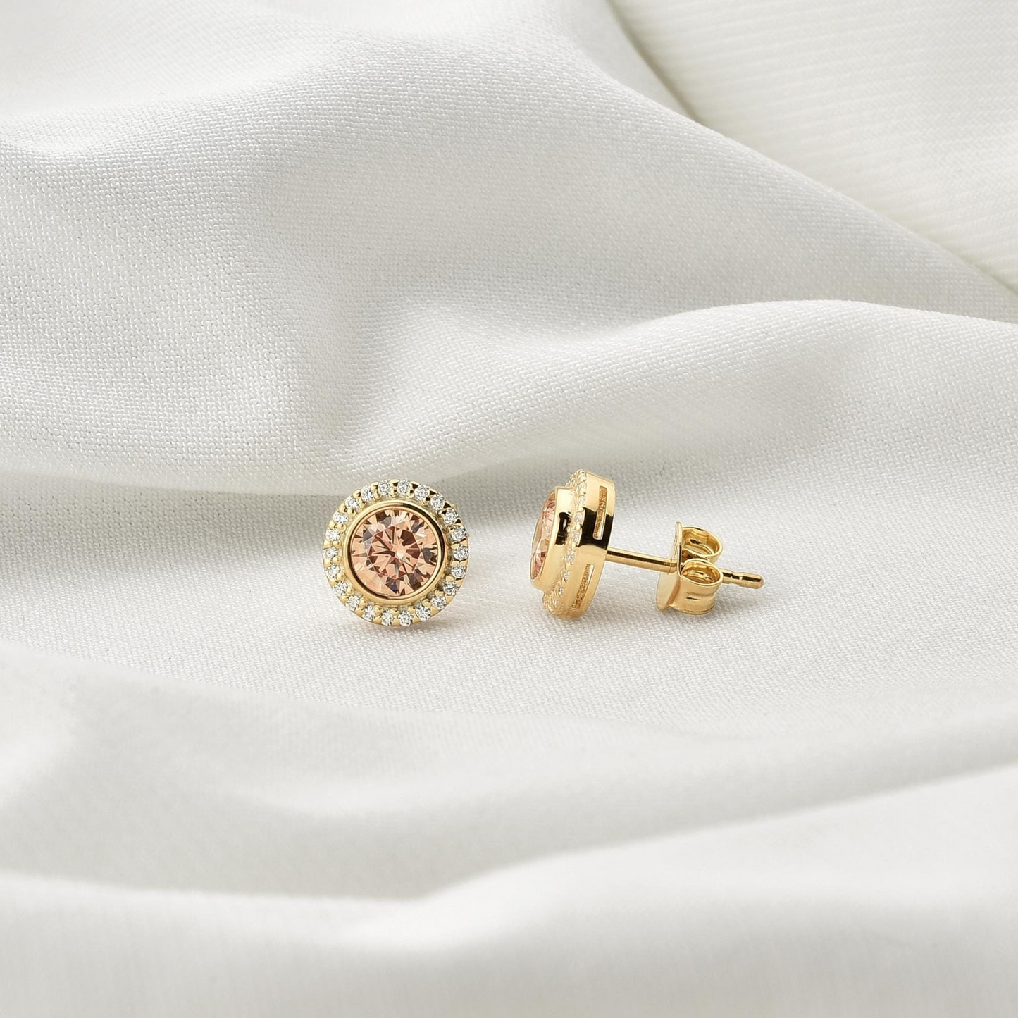 Citrine Round Bezel Stud Earrings in 8K/10K/14K Solid Gold with Real Diamonds, November Birthstone Jewelry