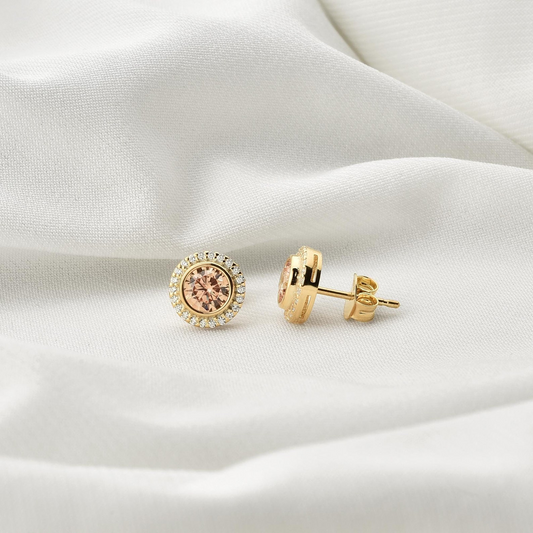 Citrine Round Bezel Stud Earrings in 8K/10K/14K Solid Gold with Real Diamonds, November Birthstone Jewelry