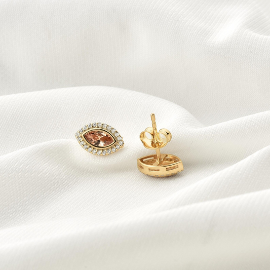 Citrine Bezel Marquise Stud Earrings with Real Diamonds in 8K/10K/14K Solid Gold | November Birthstone Jewelry