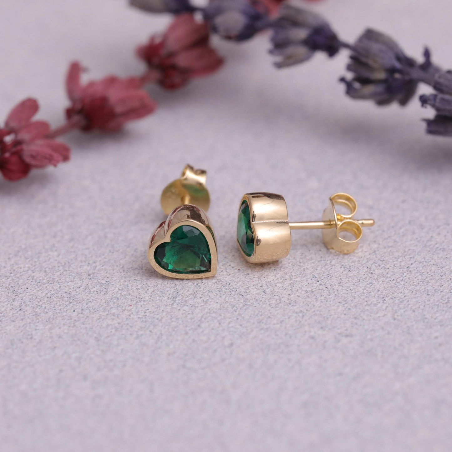 Emerald Heart Bezel Cut Stud Earrings 10K/14K Solid Gold, May Birthstone Jewelry