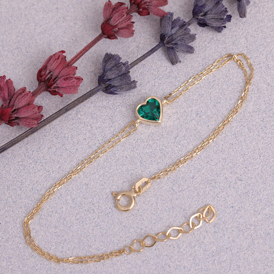 Heart Emerald Bezel Bracelet in 10K/14K Solid Gold | May Jewelry