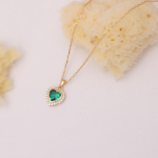 Emerald Bezel Heart Necklace with Real Diamonds in 8K/10K/14K Solid Gold | May Birthstone Jewelry