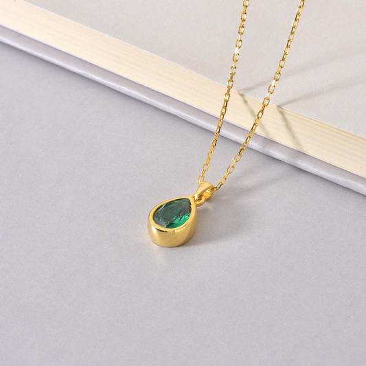 Emerald Bezel Drop Necklace 10K/14K Solid Gold, May Birthstone Jewelry