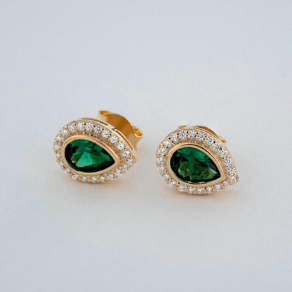 Emerald Bezel Drop Stud Earrings with Real Diamonds in 8K/10K/14K Solid Gold | May Birthstone Jewelry