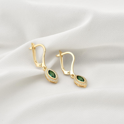 Emerald Bezel Marquise Dangle Earrings with Real Diamonds in 8K/10K/14K Solid Gold | May Birthstone Jewelry