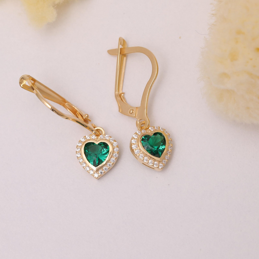Emerald Bezel Heart Dangle Earrings with Real Diamonds in 8K/10K/14K Solid Gold | May Birthstone Jewelry