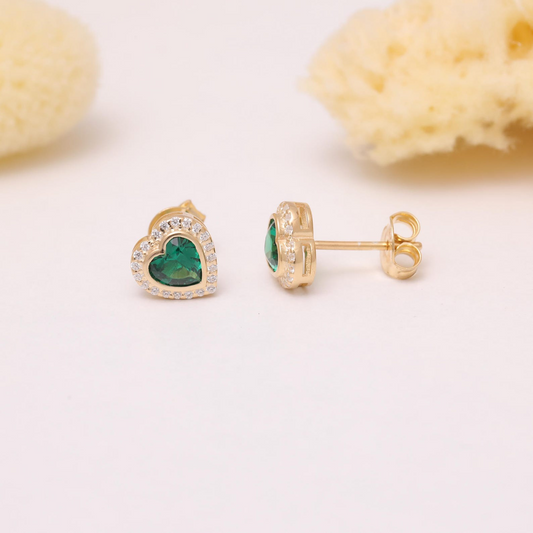 Emerald Bezel Heart Stud Earrings with Real Diamonds in 10K/14K Solid Gold | May Birthstone Jewelry