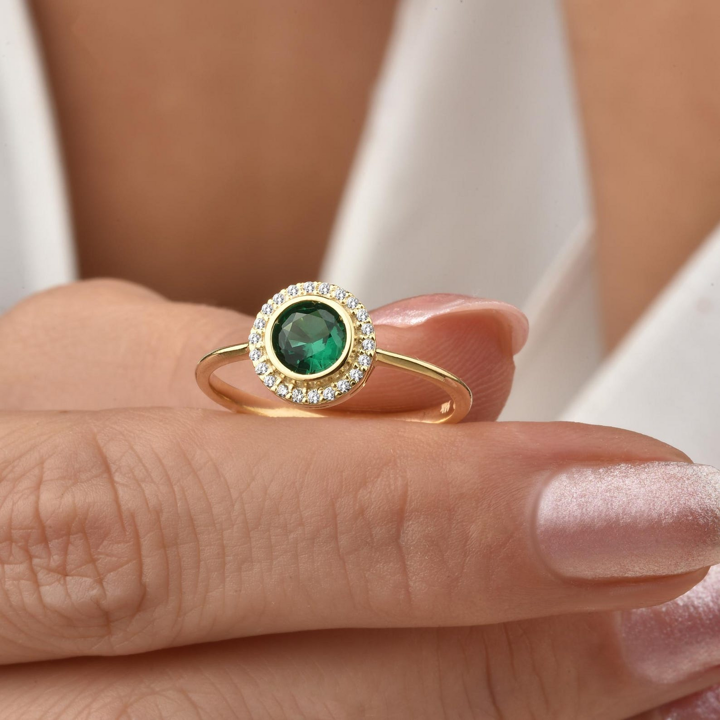 Emerald Round Bezel Ring in 8K/10K/14K Solid Gold with Real Diamonds, May Birthstone Jewelry