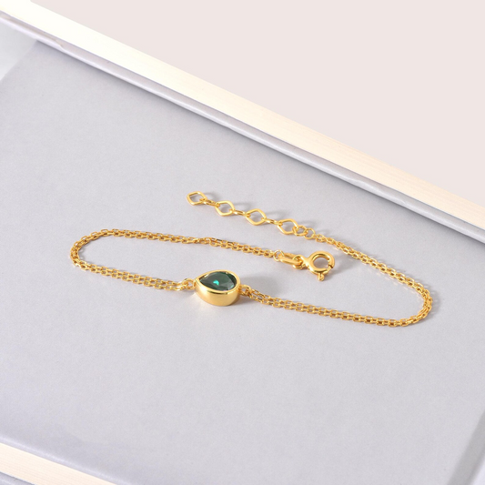 Emerald Drop Bezel Bracelet in 10K/14K Solid Gold, May Birthstone Jewelry