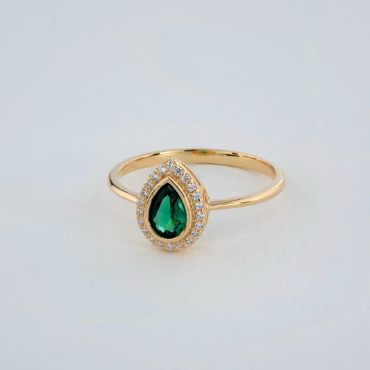 Emerald Bezel Drop Ring with Real Diamonds in 8K/10K/14K Solid Gold | May Birthstone Jewelry