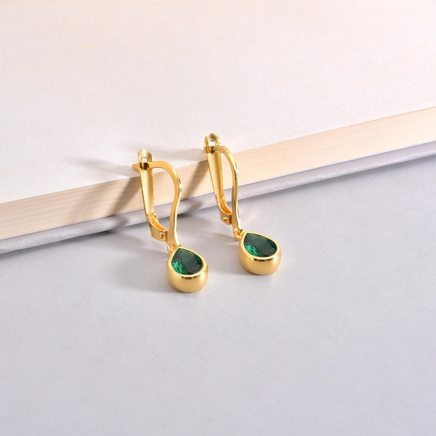 Emerald Bezel Dangle Drop Earrings in 8K/10K/14K Solid Gold, May Birthstone Jewelry