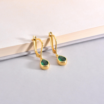 Emerald Bezel Dangle Drop Earrings in 8K/10K/14K Solid Gold, May Birthstone Jewelry