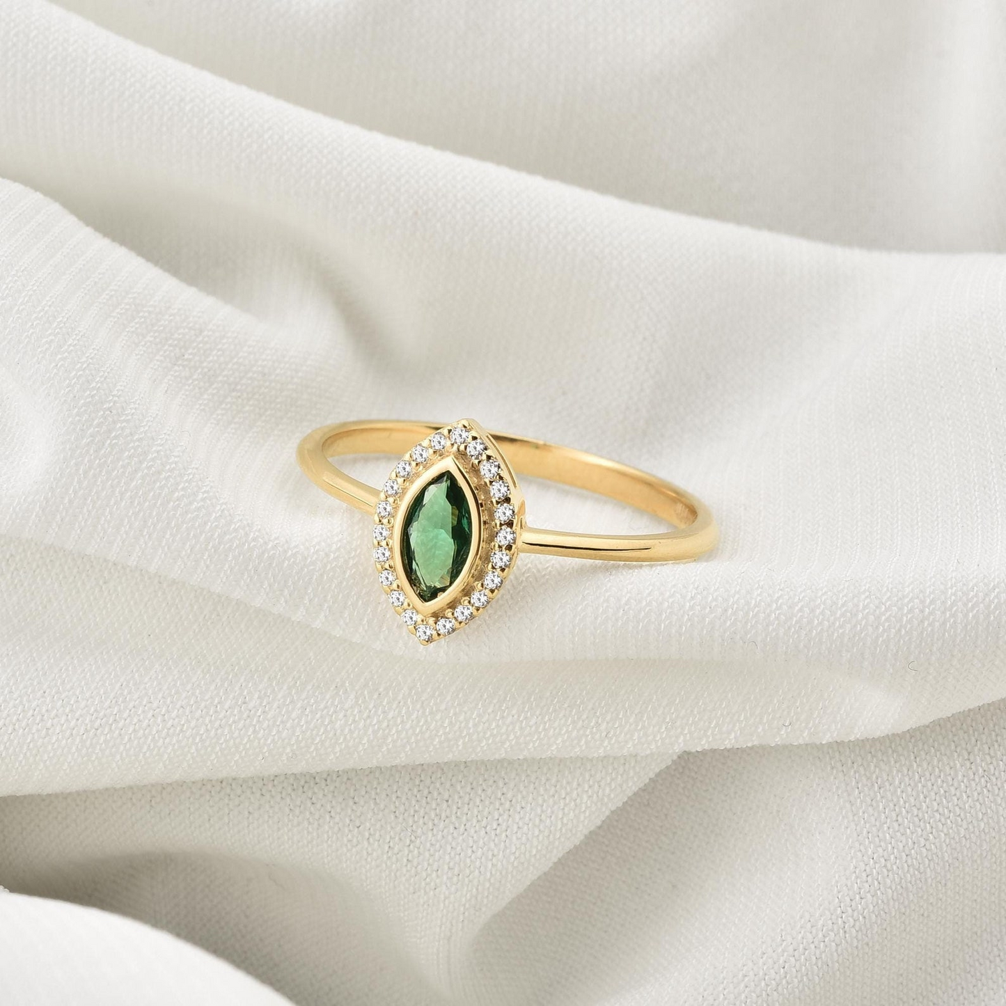 Emerald Bezel Marquise Ring with Real Diamonds in 8K/10K/14K Solid Gold | May Birthstone Jewelry