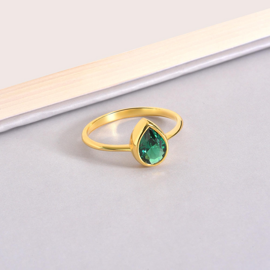 Emerald Drop Bezel Ring 8K/10K/14K Solid Gold, May Birthstone Jewelry