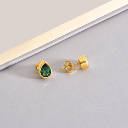 Emerald Drop Bezel Stud Earrings in 10K/14K Solid Gold, May Birthstone Jewelry