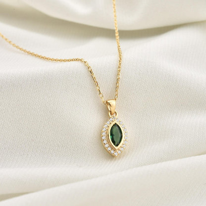 Emerald Bezel Marquise Necklace with Real Diamonds in 8K/10K/14K Solid Gold | May Birthstone Jewelry