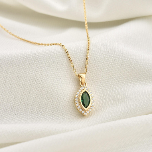 Emerald Bezel Marquise Necklace with Real Diamonds in 8K/10K/14K Solid Gold | May Birthstone Jewelry