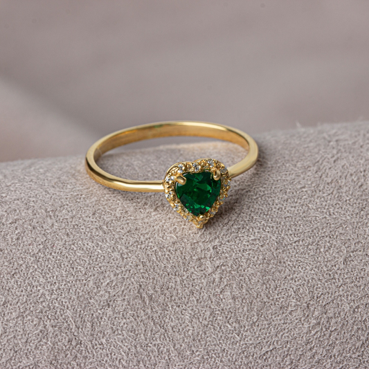 Emerald Bezel Heart Ring with Real Diamonds Halo in 8K/10K/14K Solid Gold | May Birthstone Jewelry