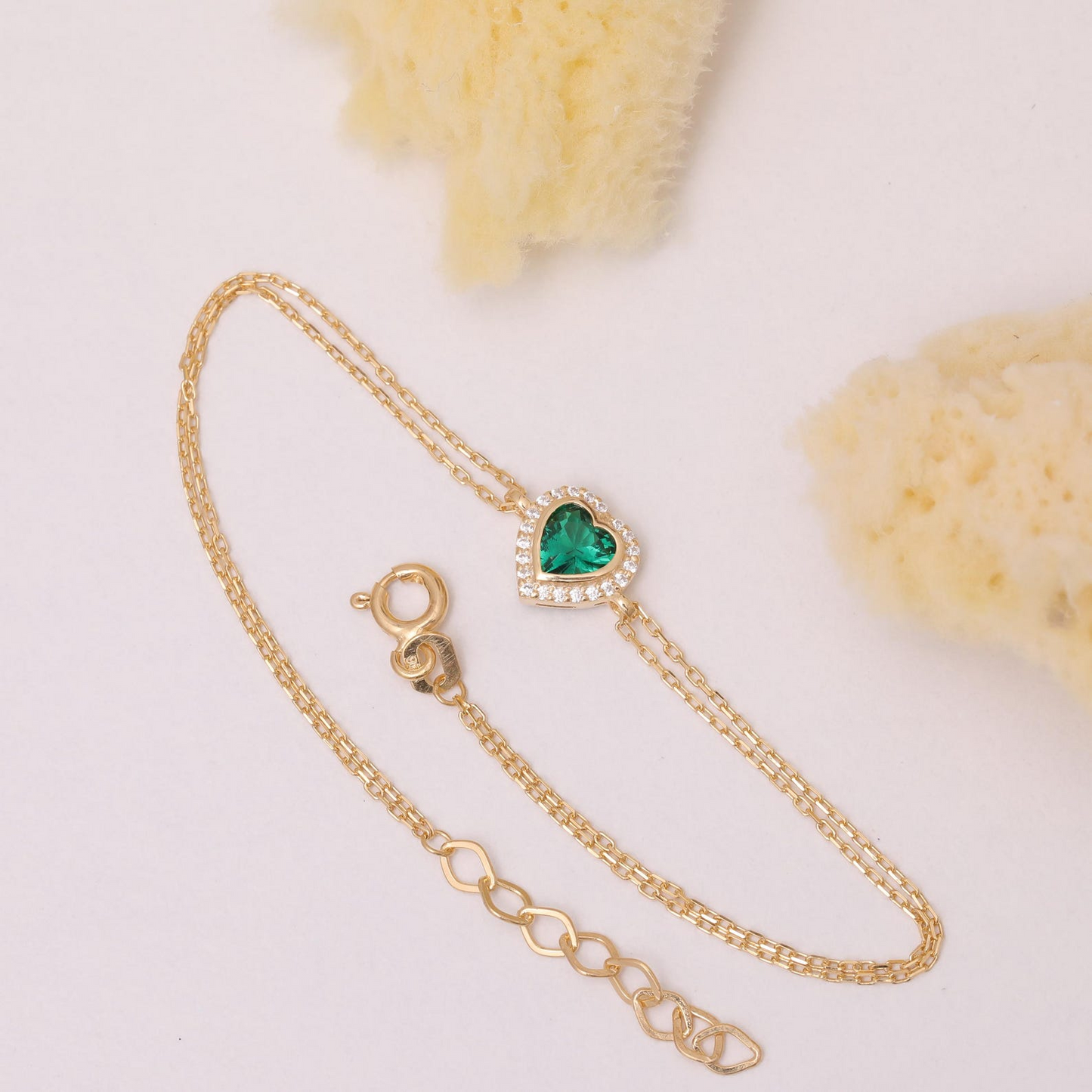 Emerald Bezel Heart Bracelet with Real Diamonds in 8K/10K/14K Solid Gold | May Birthstone Jewelry