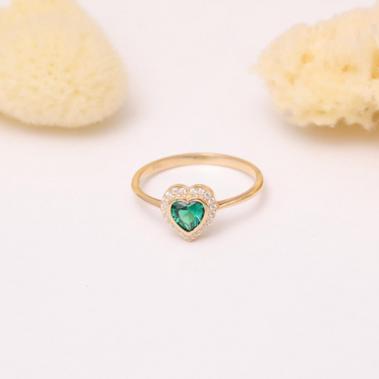 Emerald Bezel Heart Ring with Real Diamonds in 8K/10K/14K Solid Gold | May Birthstone Jewelry