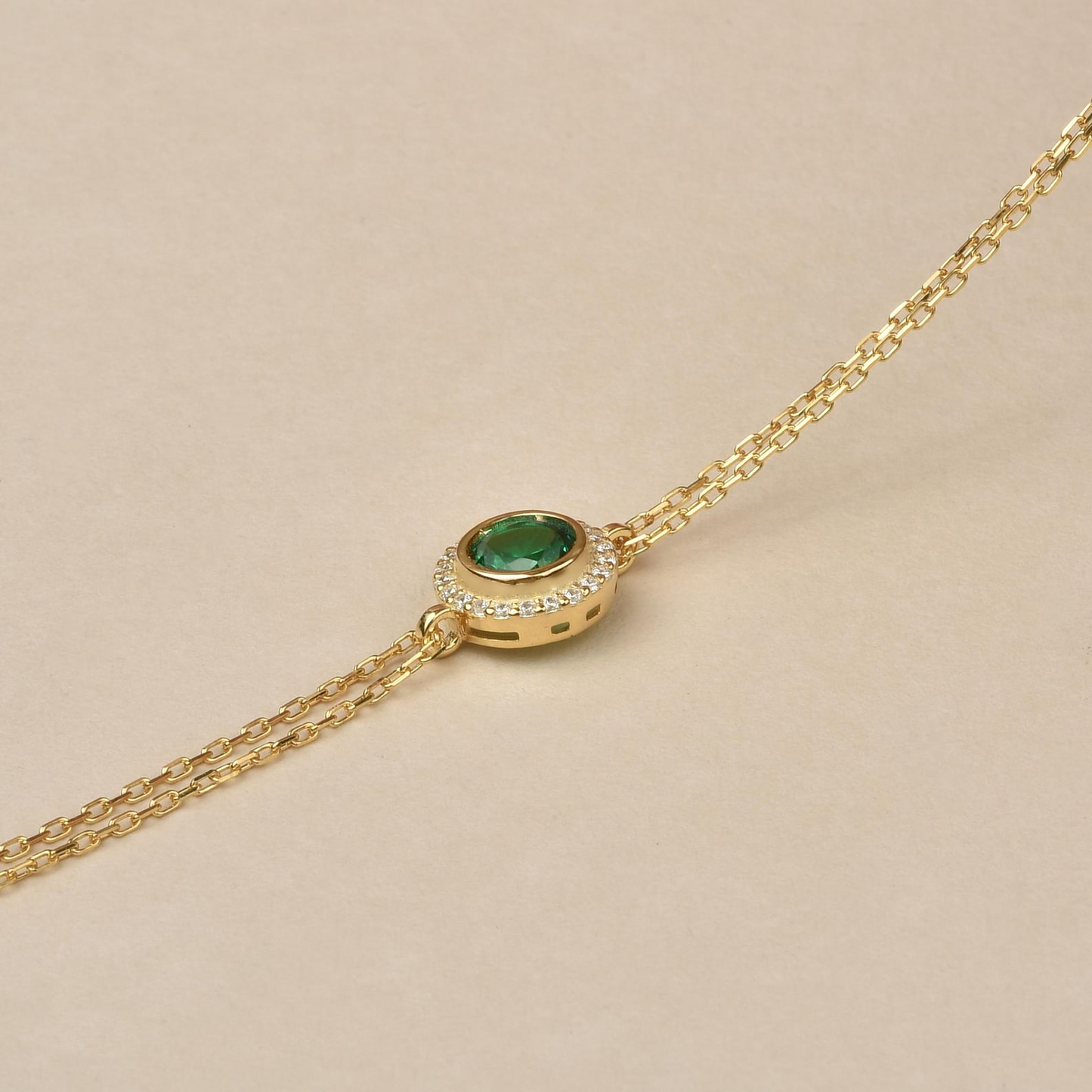 Emerald Round Bezel Bracelet in 8K/10K/14K Solid Gold with Real Diamonds, May Birthstone Jewelry