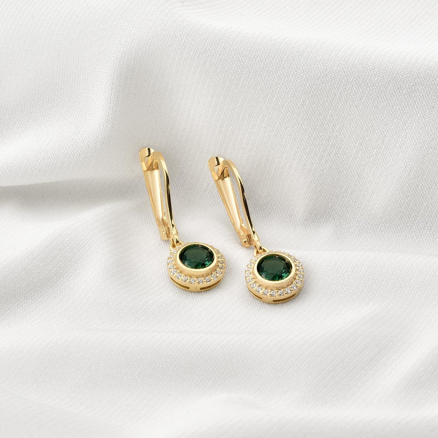 Emerald Round Bezel Dangle Earrings in 8K/10K/14K Solid Gold with Real Diamonds, May Birthstone Jewelry