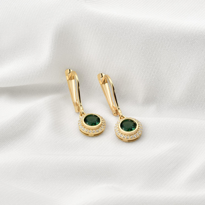 Emerald Round Bezel Dangle Earrings in 8K/10K/14K Solid Gold with Real Diamonds, May Birthstone Jewelry