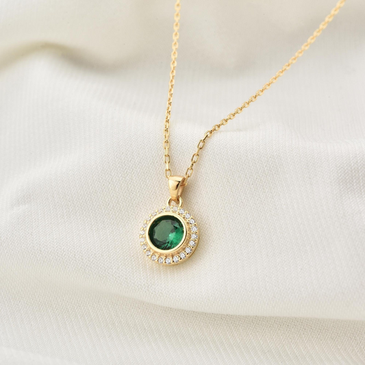 Emerald Round Bezel Necklace in 8K/10K/14K Solid Gold with Real Diamonds, May Birthstone Jewelry