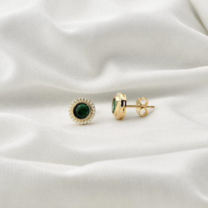 Emerald Round Bezel Stud Earrings in 8K/10K/14K Solid Gold with Real Diamonds, May Birthstone Jewelry