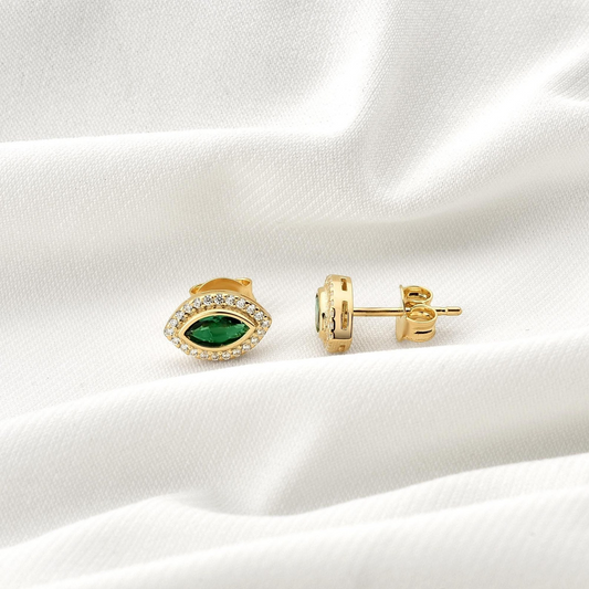 Emerald Bezel Marquise Stud Earrings with Real Diamonds in 8K/10K/14K Solid Gold | May Birthstone Jewelry