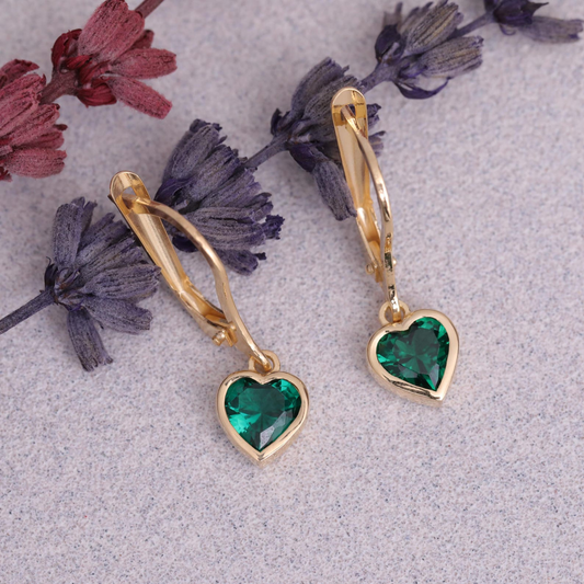 Emerald Heart Cut Bezel Dangle Earrings 14K Solid Gold, May Birthstone Jewelry