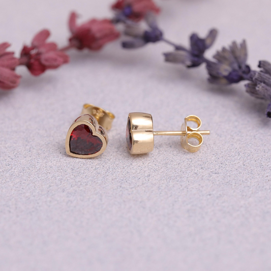 Garnet Heart Bezel Stud Earrings 10K/14K Solid Gold, January Birthstone Jewelry