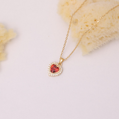 Garnet Bezel Heart Necklace with Real Diamonds in 8K/10K/14K Solid Gold | January Birthstone Jewelry