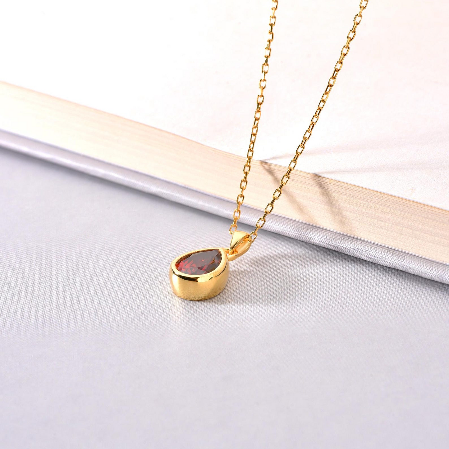 Garnet Bezel Drop Necklace 10K/14K Solid Gold, January Birthstone Jewelry