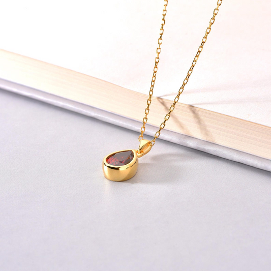 Garnet Bezel Drop Necklace 10K/14K Solid Gold, January Birthstone Jewelry