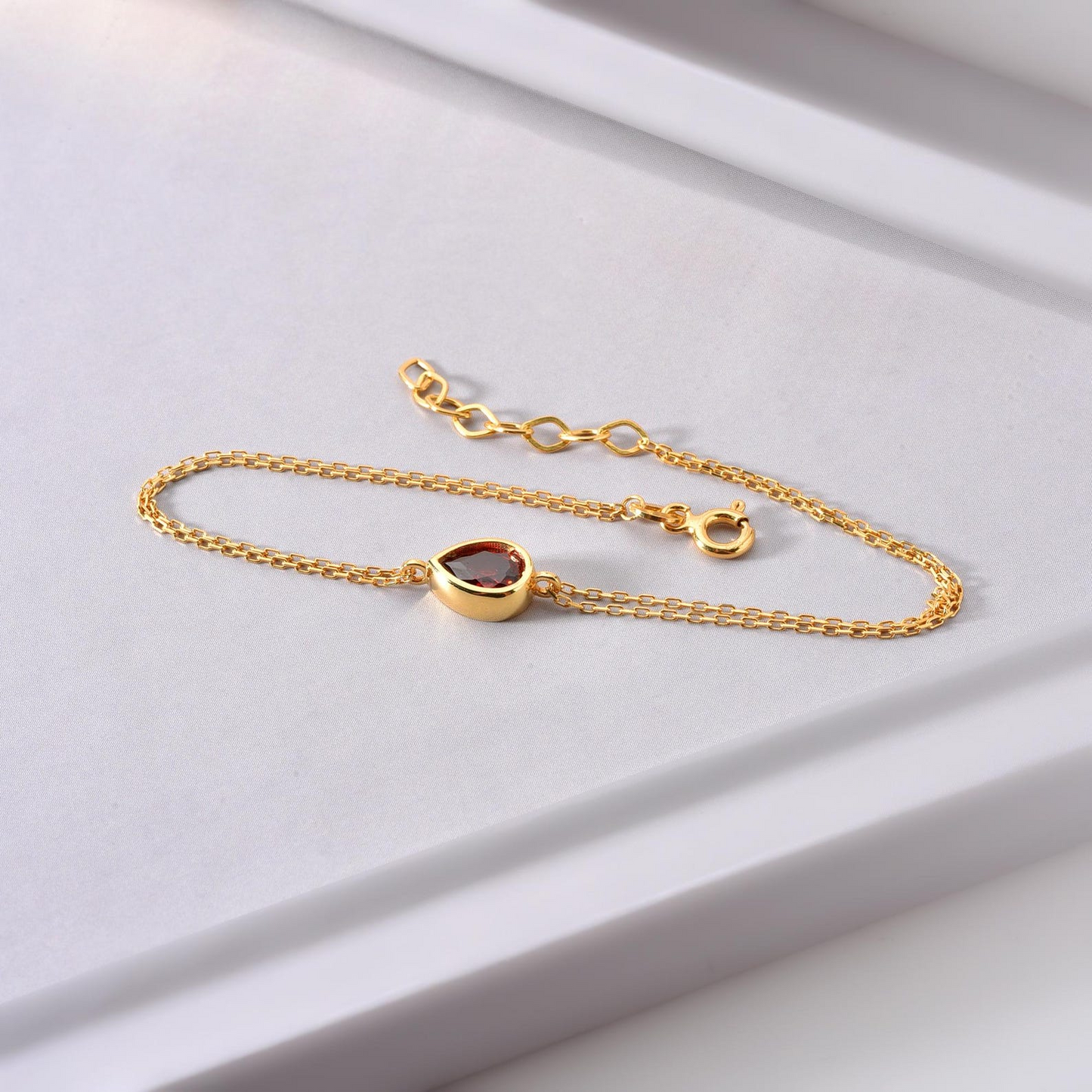Garnet Drop Bezel Bracelet in 10K/14K Solid Gold, January Birthstone Jewelry