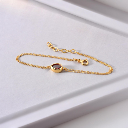 Garnet Drop Bezel Bracelet in 10K/14K Solid Gold, January Birthstone Jewelry