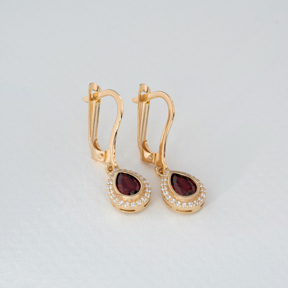 Garnet Bezel Drop Dangle Earrings with Real Diamonds in 8K/10K/14K Solid Gold | January Birthstone Jewelry