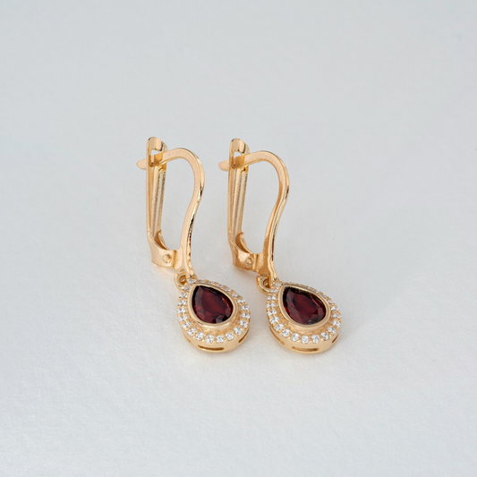 Garnet Bezel Drop Dangle Earrings with Real Diamonds in 8K/10K/14K Solid Gold | January Birthstone Jewelry