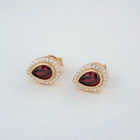 Garnet Bezel Drop Stud Earrings with Real Diamonds in 8K/10K/14K Solid Gold | January Birthstone Jewelry