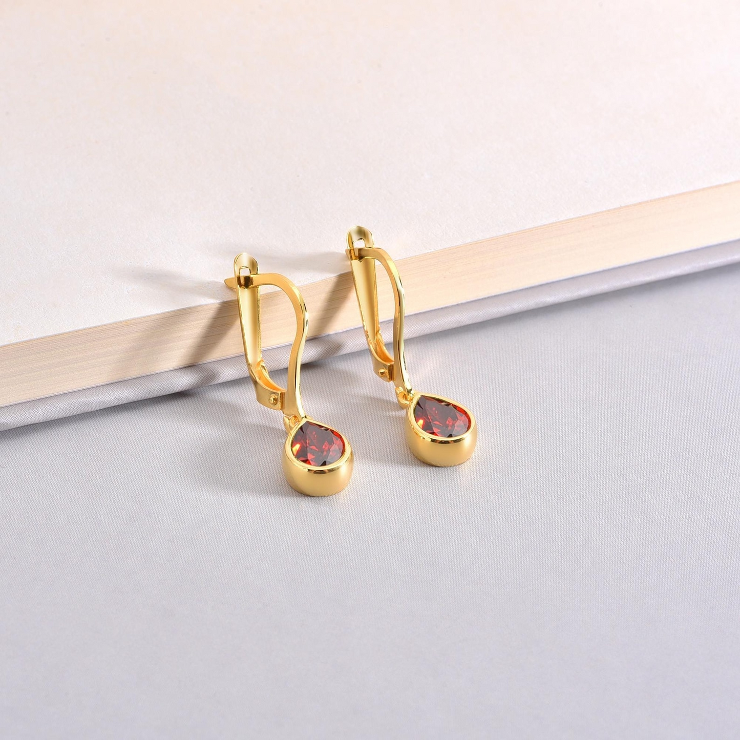 Garnet Bezel Dangle Drop Earrings in 8K/10K/14K Solid Gold, January Birthstone Jewelry