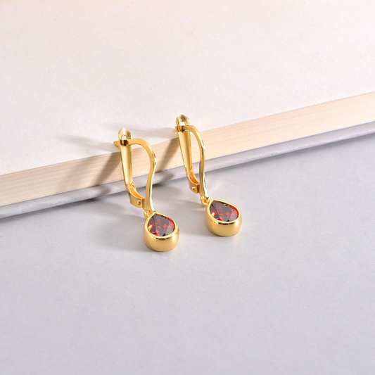 Garnet Bezel Dangle Drop Earrings in 8K/10K/14K Solid Gold, January Birthstone Jewelry