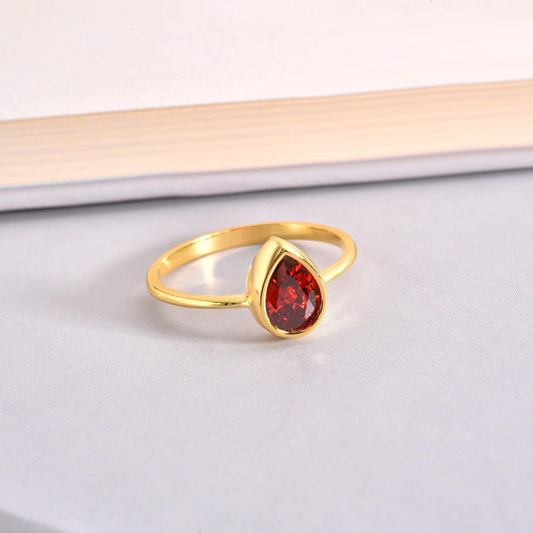 Garnet Drop Bezel Ring 8K/10K/14K Solid Gold, January Birthstone Jewelry
