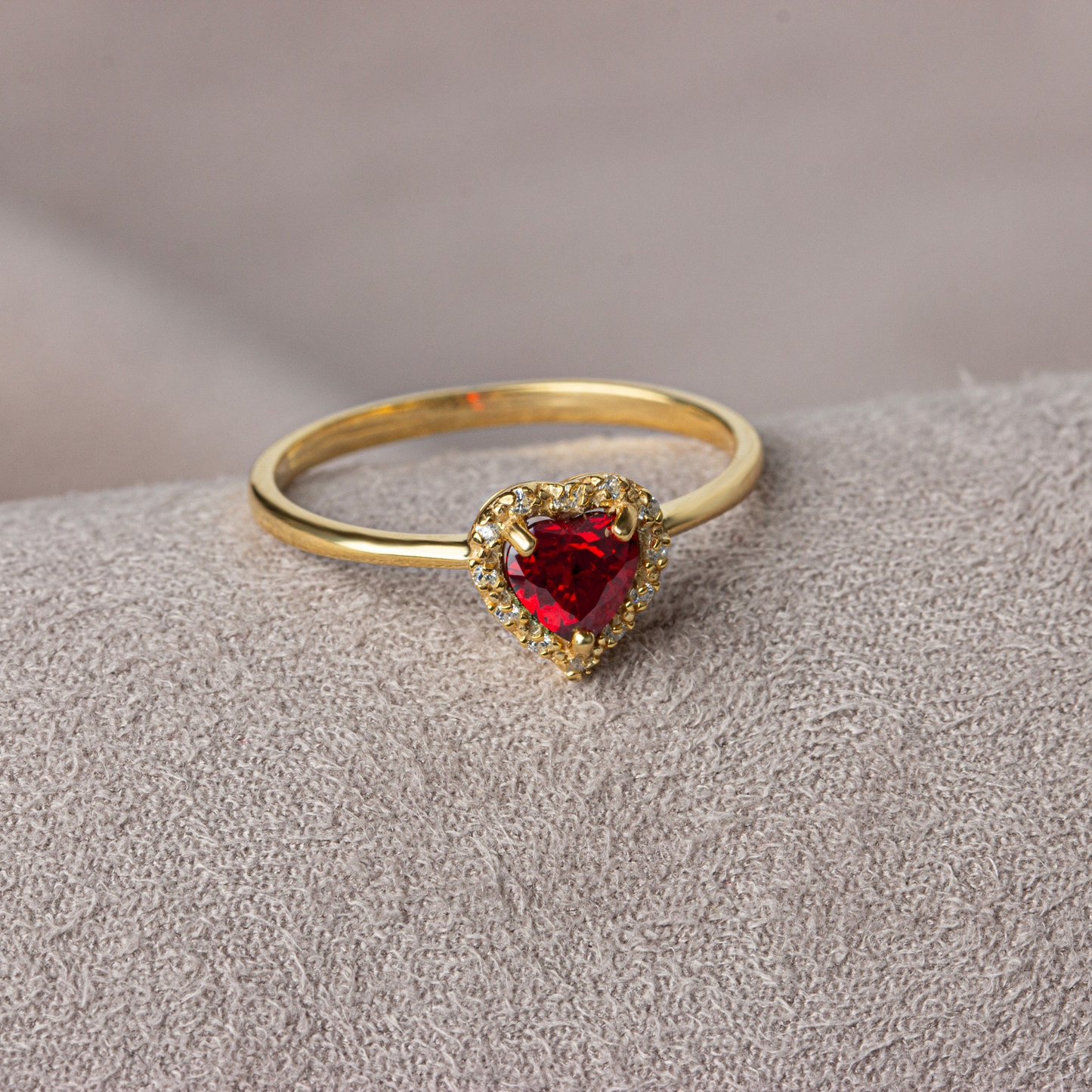 Garnet Bezel Heart Ring with Real Diamonds Halo in 8K/10K/14K Solid Gold | January Birthstone Jewelry