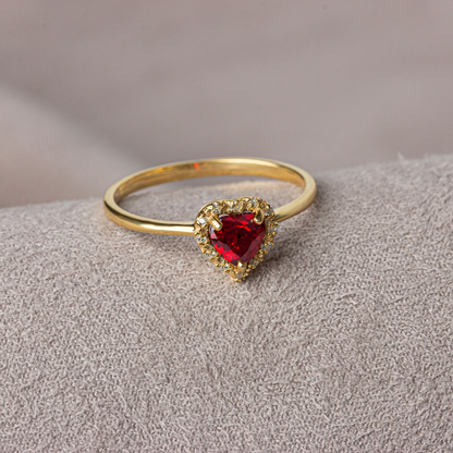 Garnet Bezel Heart Ring with Real Diamonds Halo in 8K/10K/14K Solid Gold | January Birthstone Jewelry
