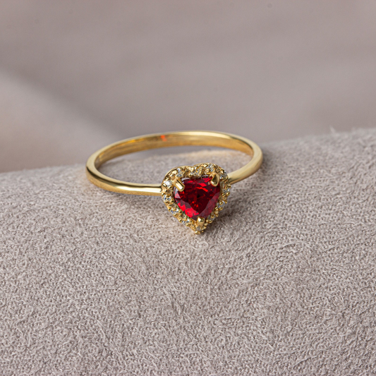 Garnet Bezel Heart Ring with Real Diamonds Halo in 8K/10K/14K Solid Gold | January Birthstone Jewelry