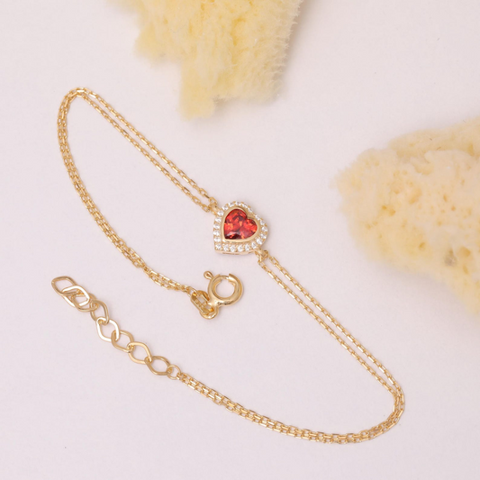 Garnet Bezel Heart Bracelet with Real Diamonds in 8K/10K/14K Solid Gold | January Birthstone Jewelry